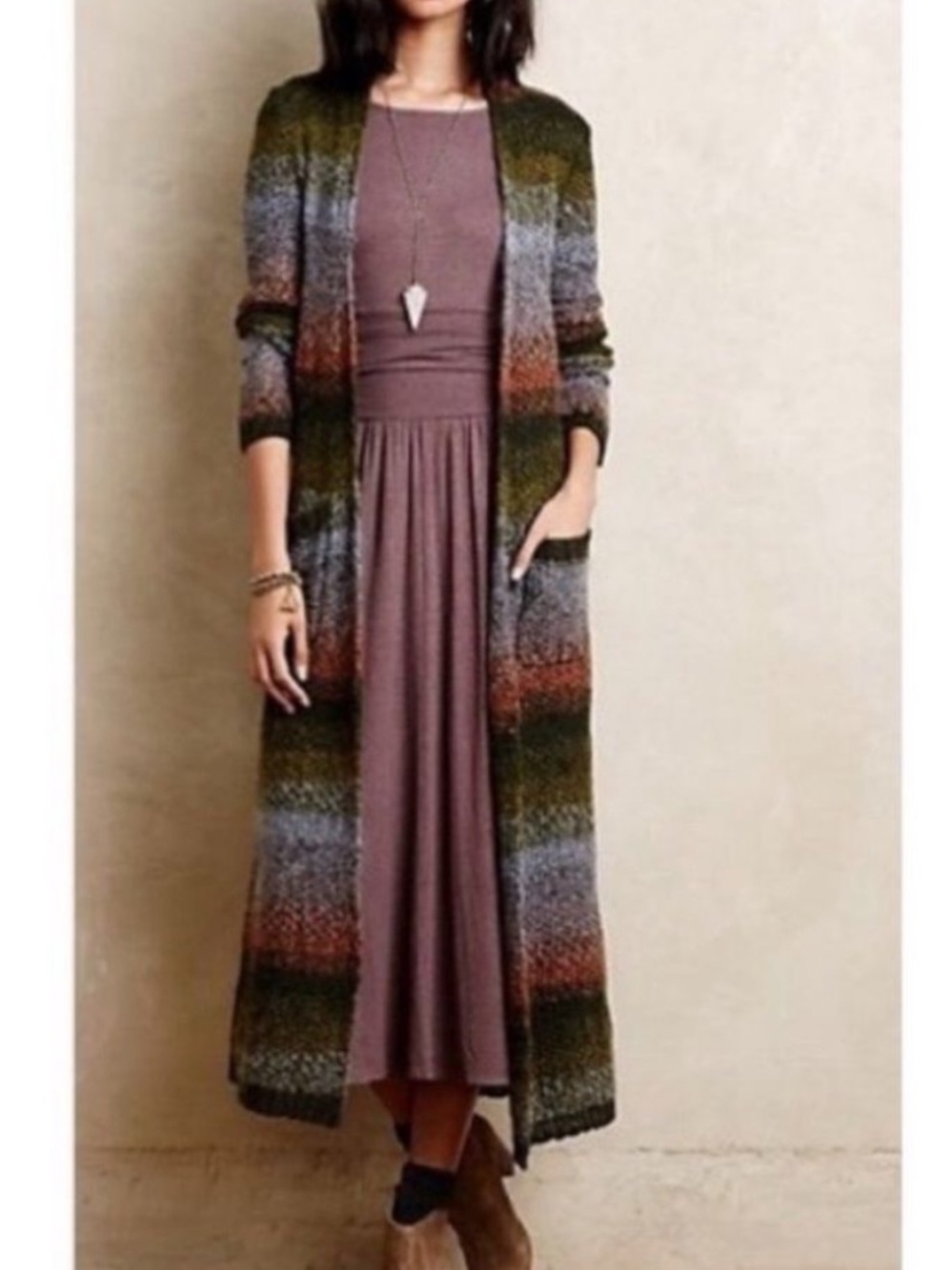 Sleeping on Snow Anthropologie long duster green striped cardigan size S